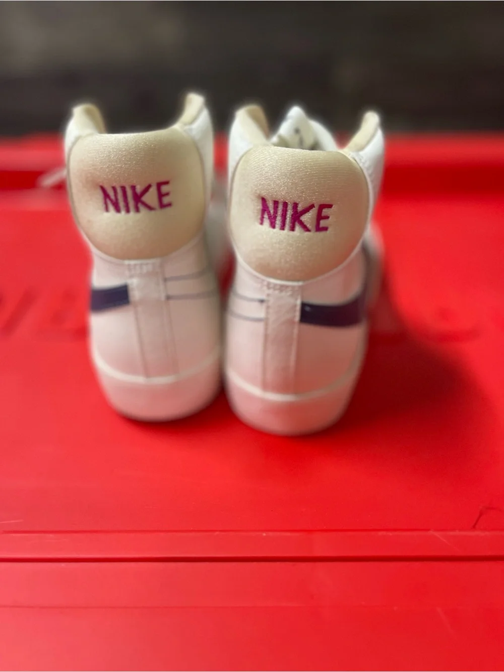 Nike Blazer Mid High Top in White with Navy Swoosh and Cream Accents